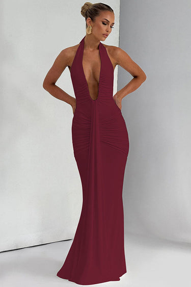 Halter Deep V Mermaid Maxi Dress